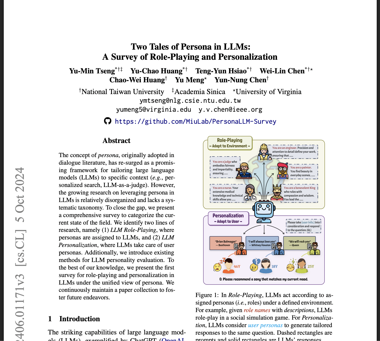 Two Tales of Persona in Llms: a Survey of Role-playing and Personalization