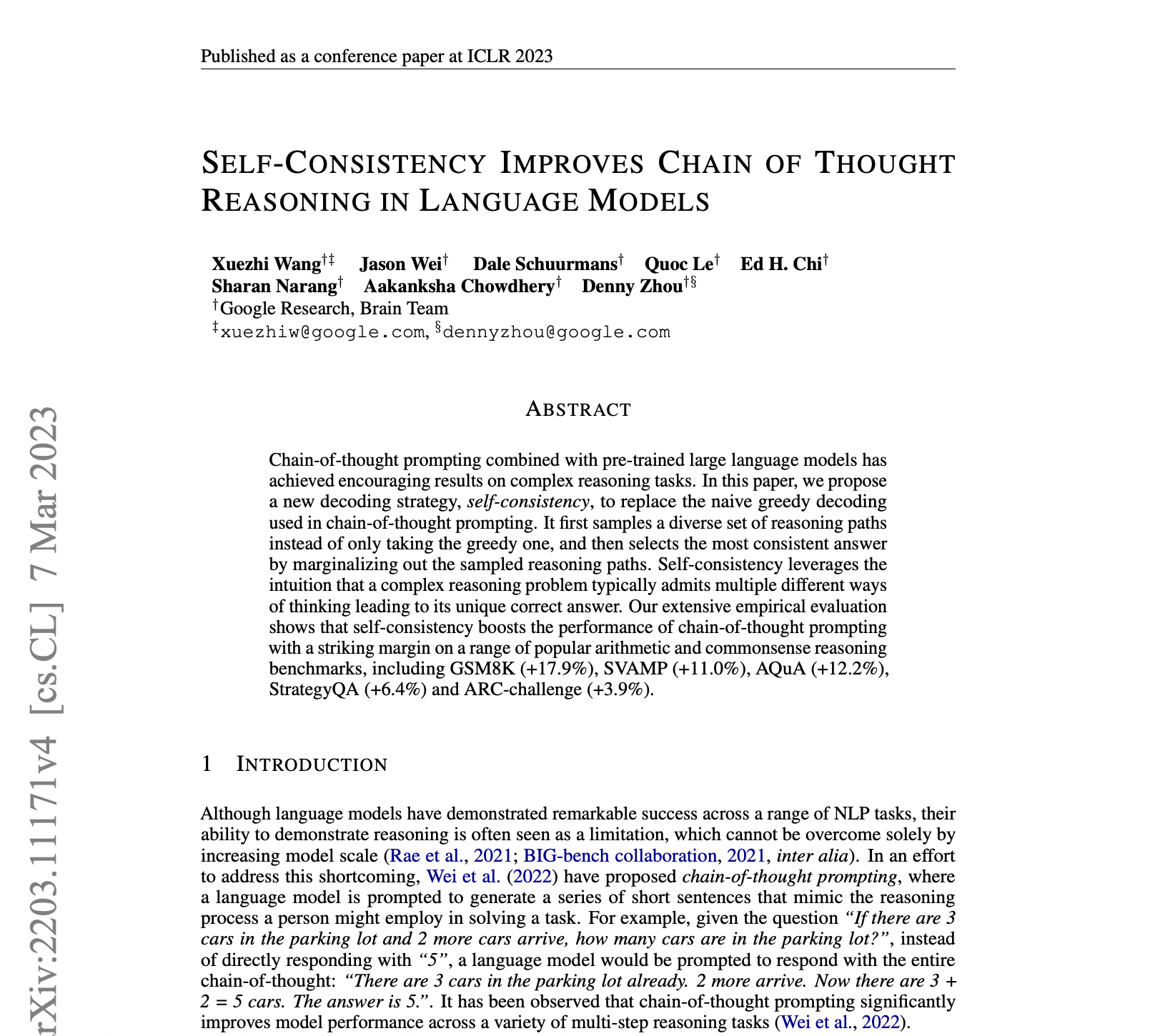 Self-consistency Improves Chain of Thought Reasoning in Language Models
