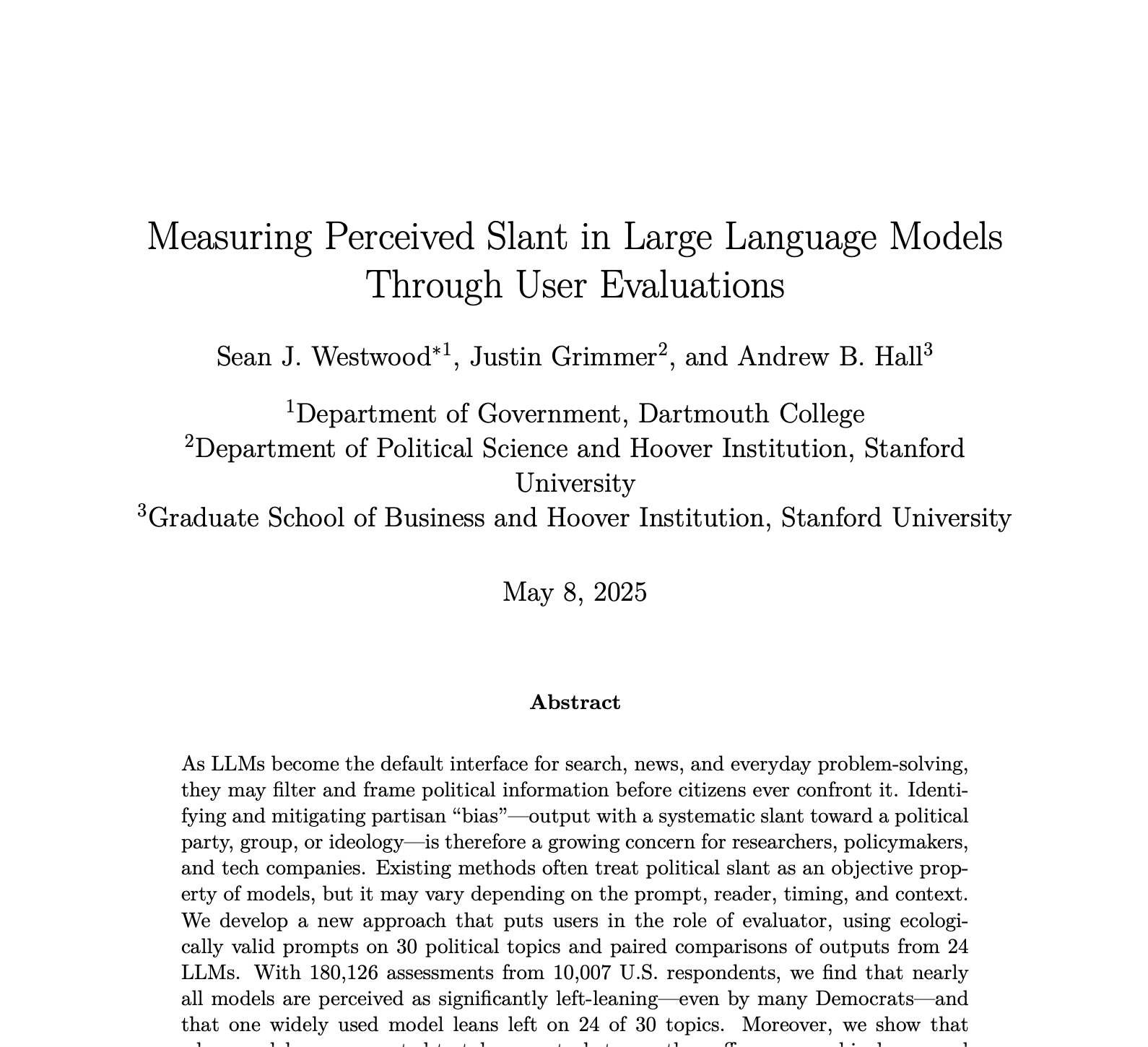 Measuring Perceived Slant in Large Language Models Through User Evaluations