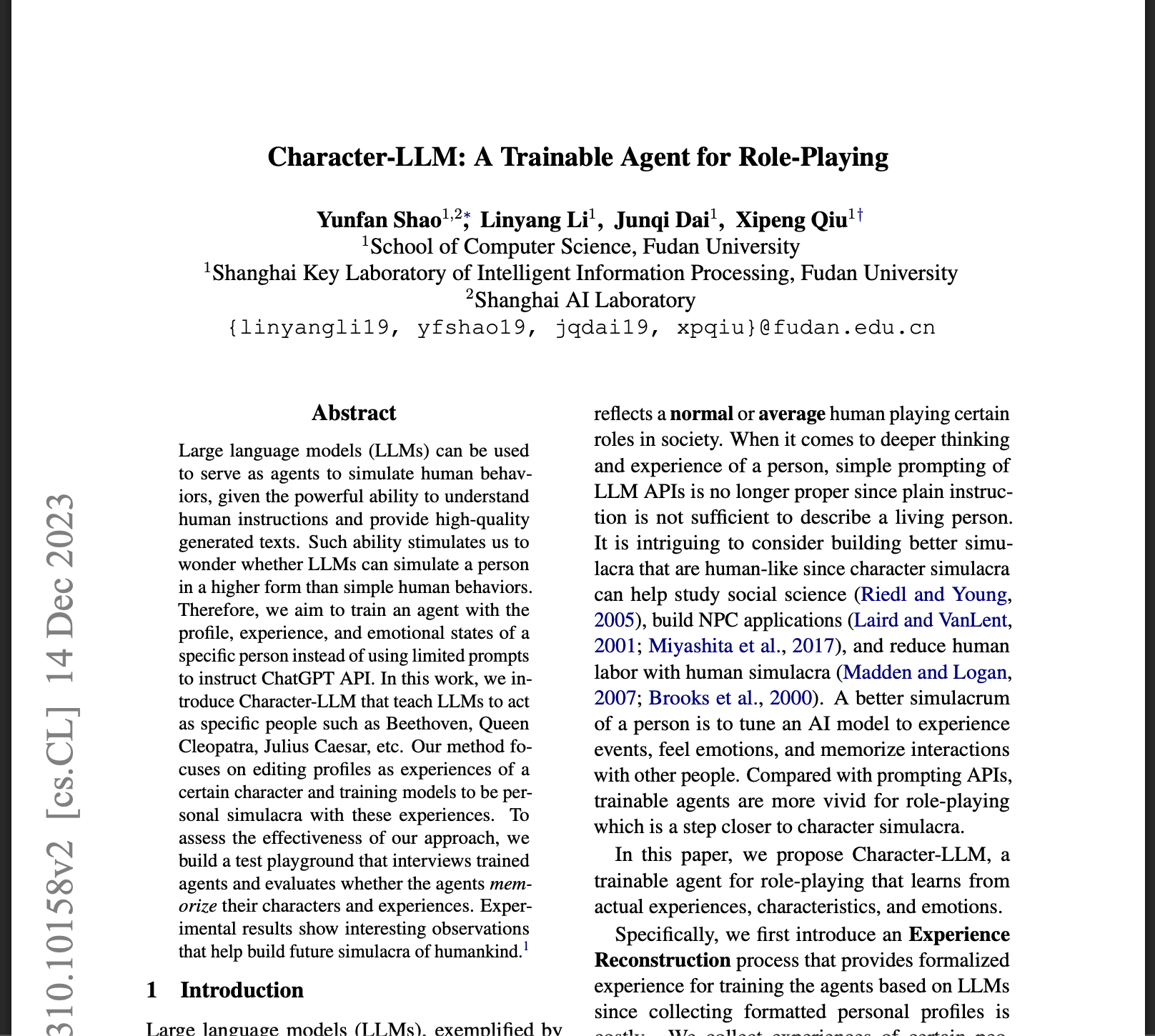 Character-LLM: a Trainable Agent for Role-Playing