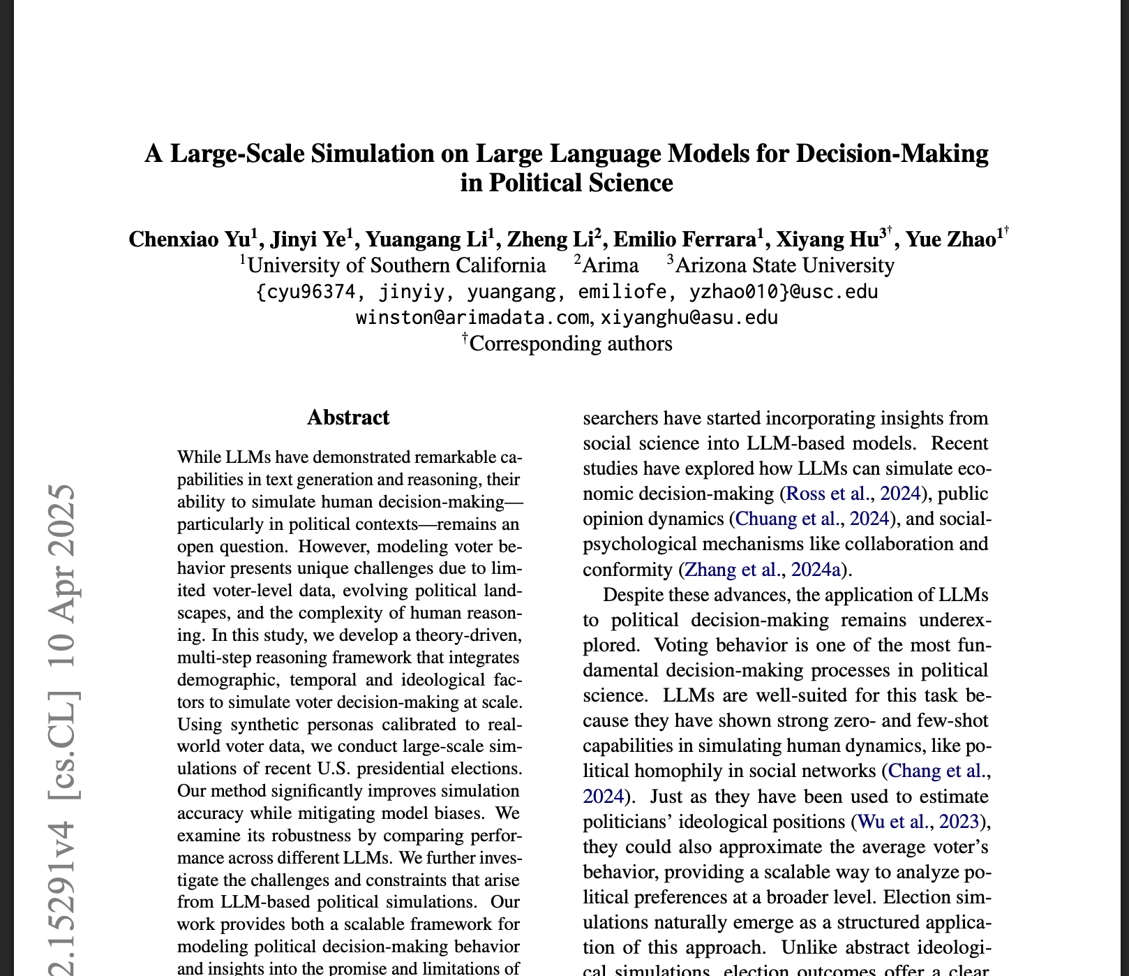 A Large-Scale Simulation on Large Language Models for Decision-Making in Political Science