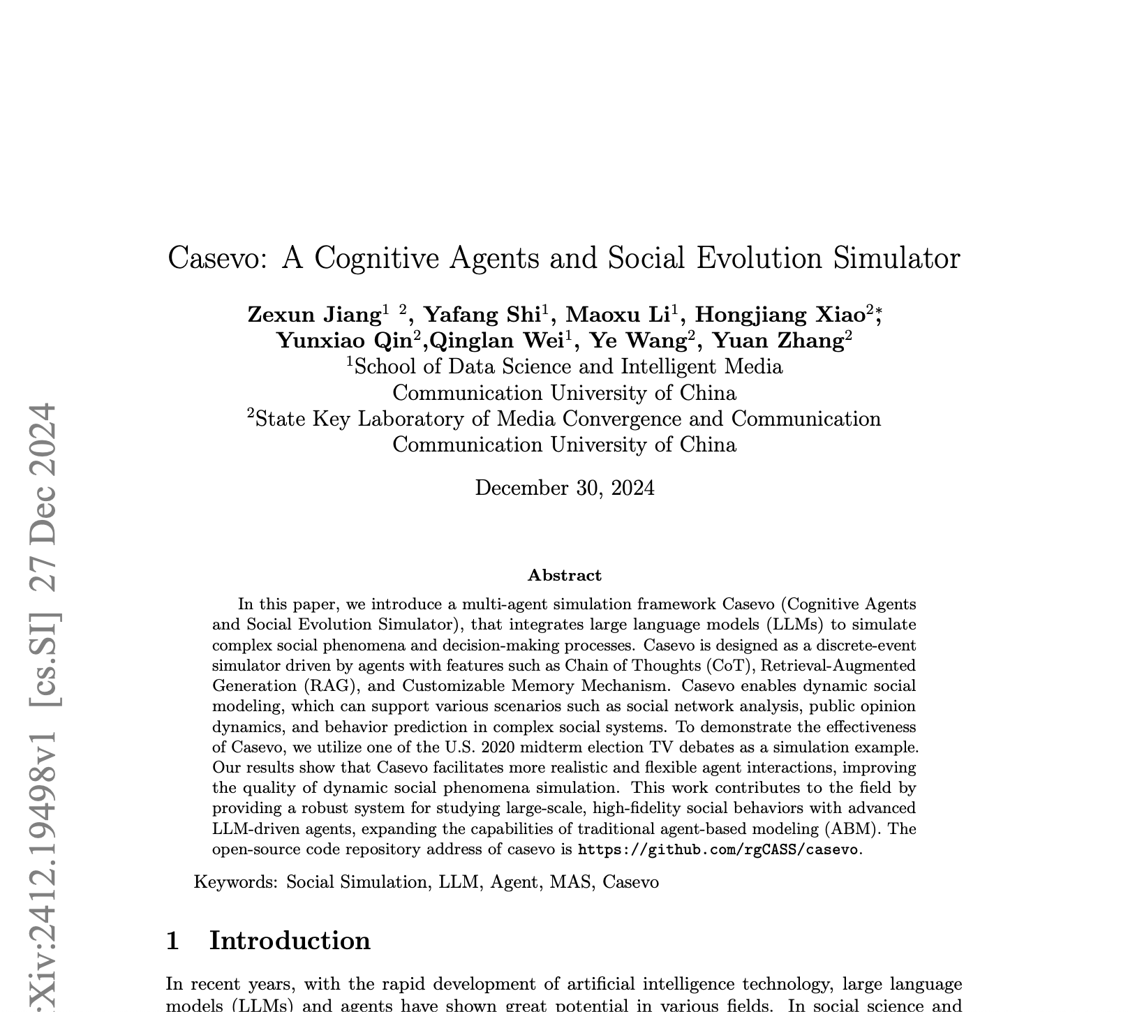 Casevo: a Cognitive Agents and Social Evolution Simulator
