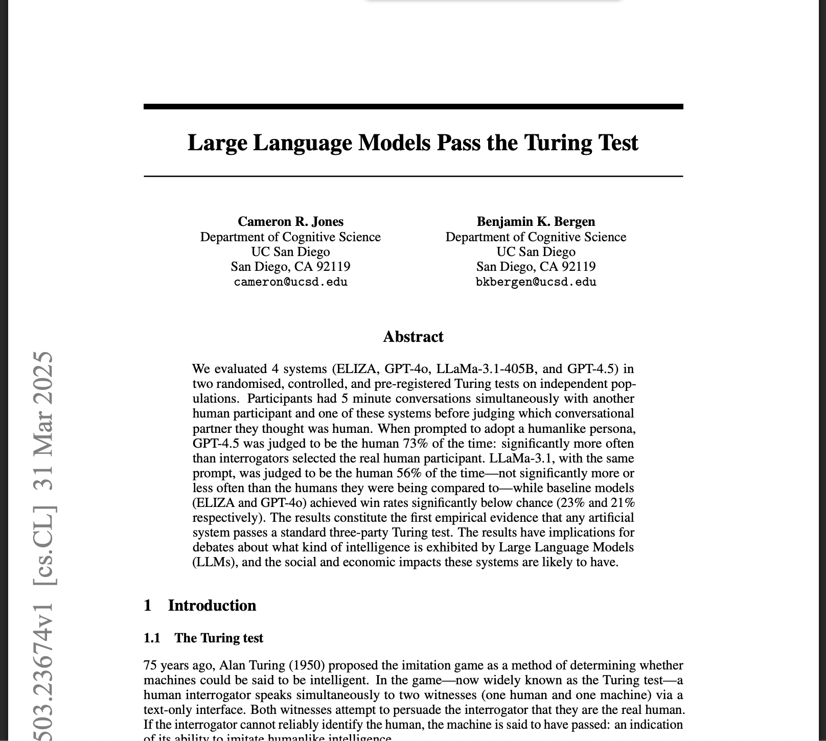 Large Language Models Pass the Turing Test