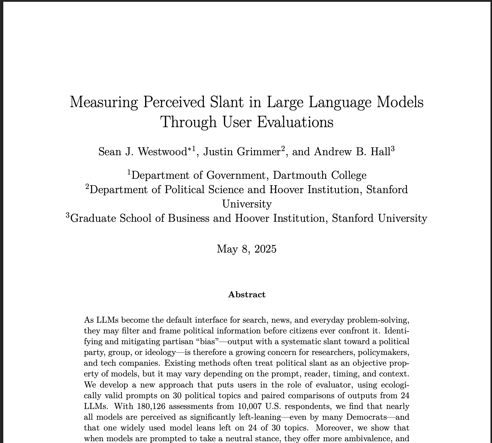 Measuring Perceived Slant in Large Language Models
Through User Evaluations