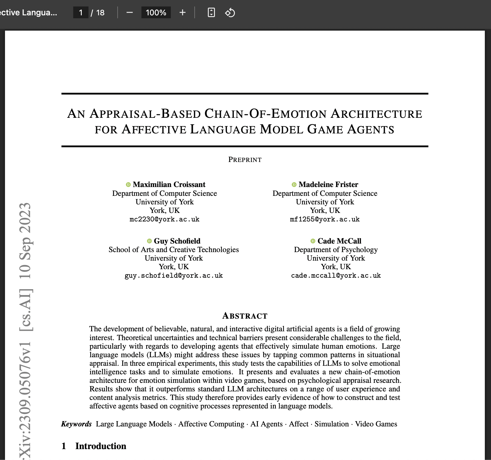 An Appraisal-based Chain-of-emotion Architecture for Affective Language Model Game Agents