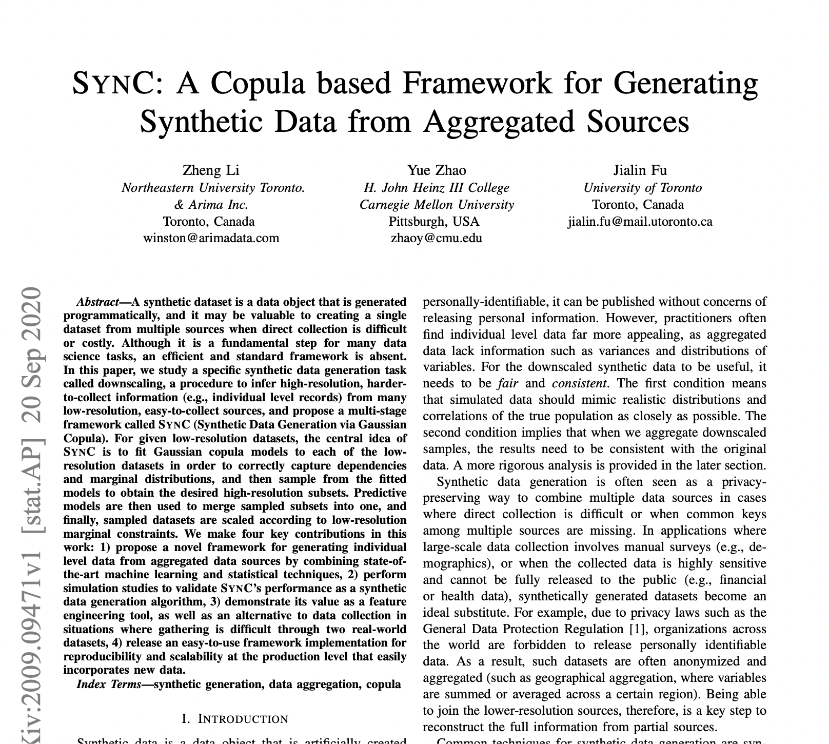 Sync: a Copula Based Framework for Generating Synthetic Data from Aggregated Sources