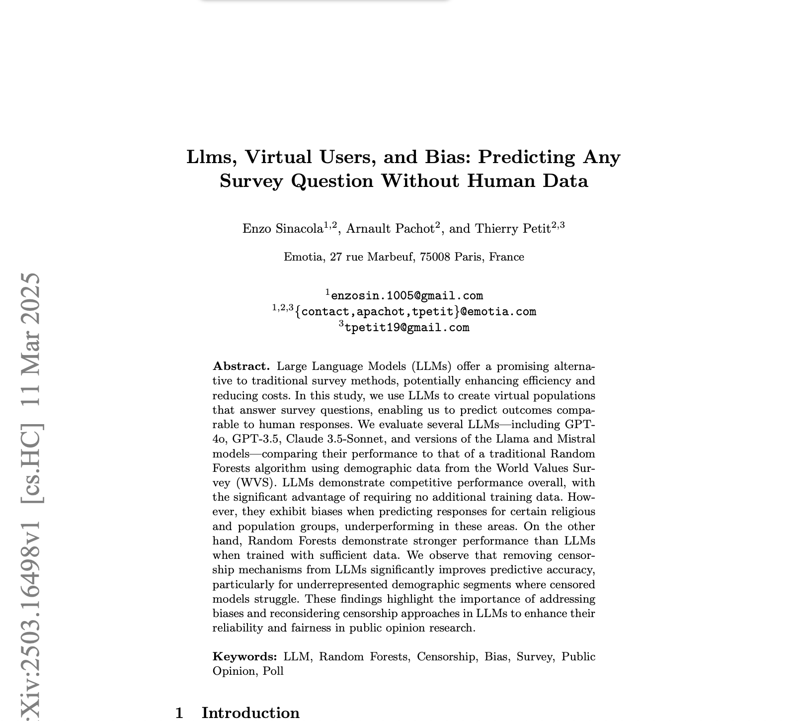 LLMs, Virtual Users, and Bias: Predicting Any Survey Question Without Human Data