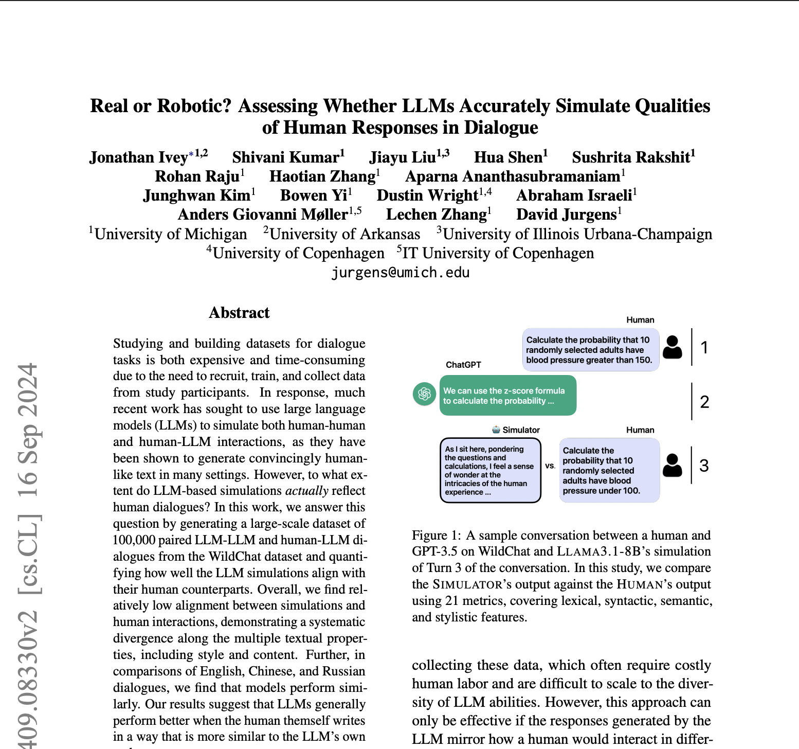 Real or Robotic? Assessing Whether LLMs Accurately Simulate Qualities of Human Responses in Dialogue