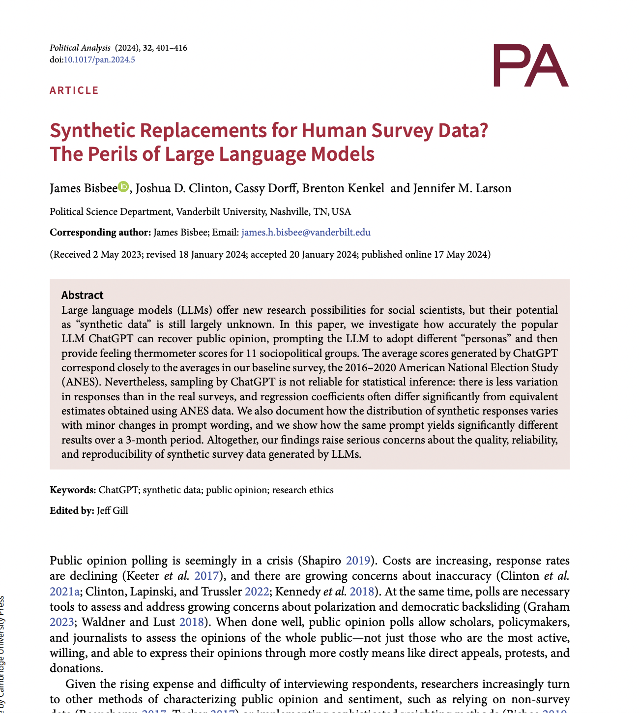 Synthetic Replacements for Human Survey Data? The Perils of Large Language Model?
