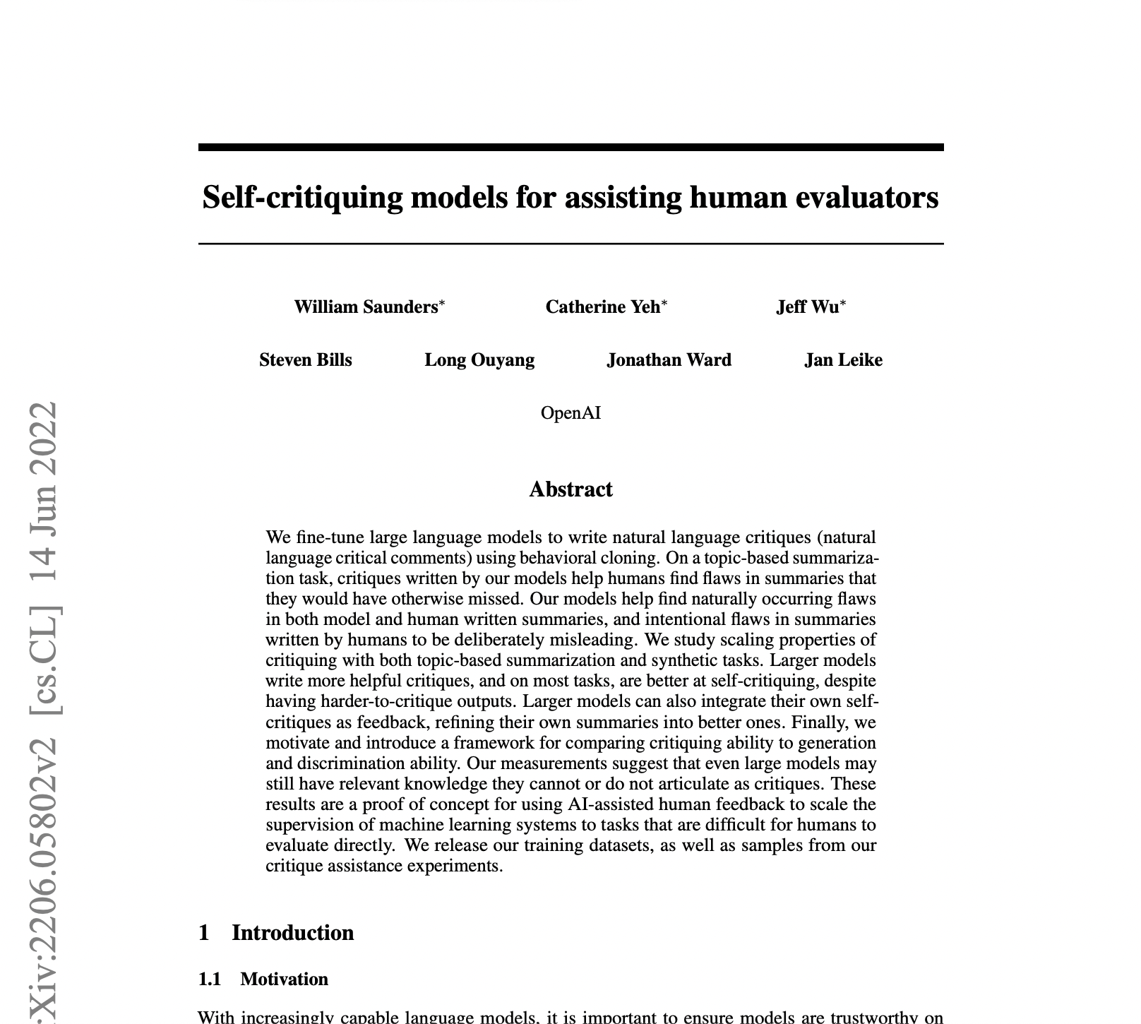 Self-critiquing Models for Assisting Human Evaluators
