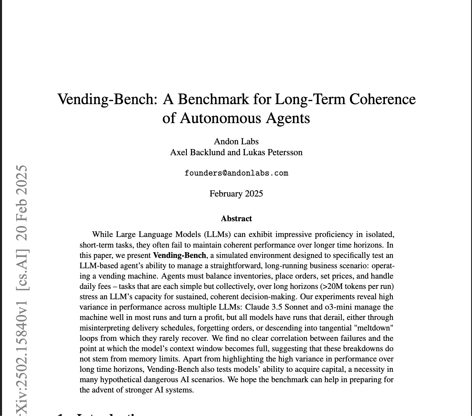 Vending-Bench: A Benchmark for Long-Term Coherence of Autonomous Agents