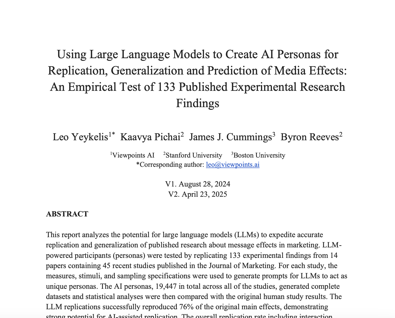 Using Large Language Models to Create AI Personas for Replication, Generalization and Prediction of Media Effects: An Empirical Test of 133 Published Experimental Research Findings