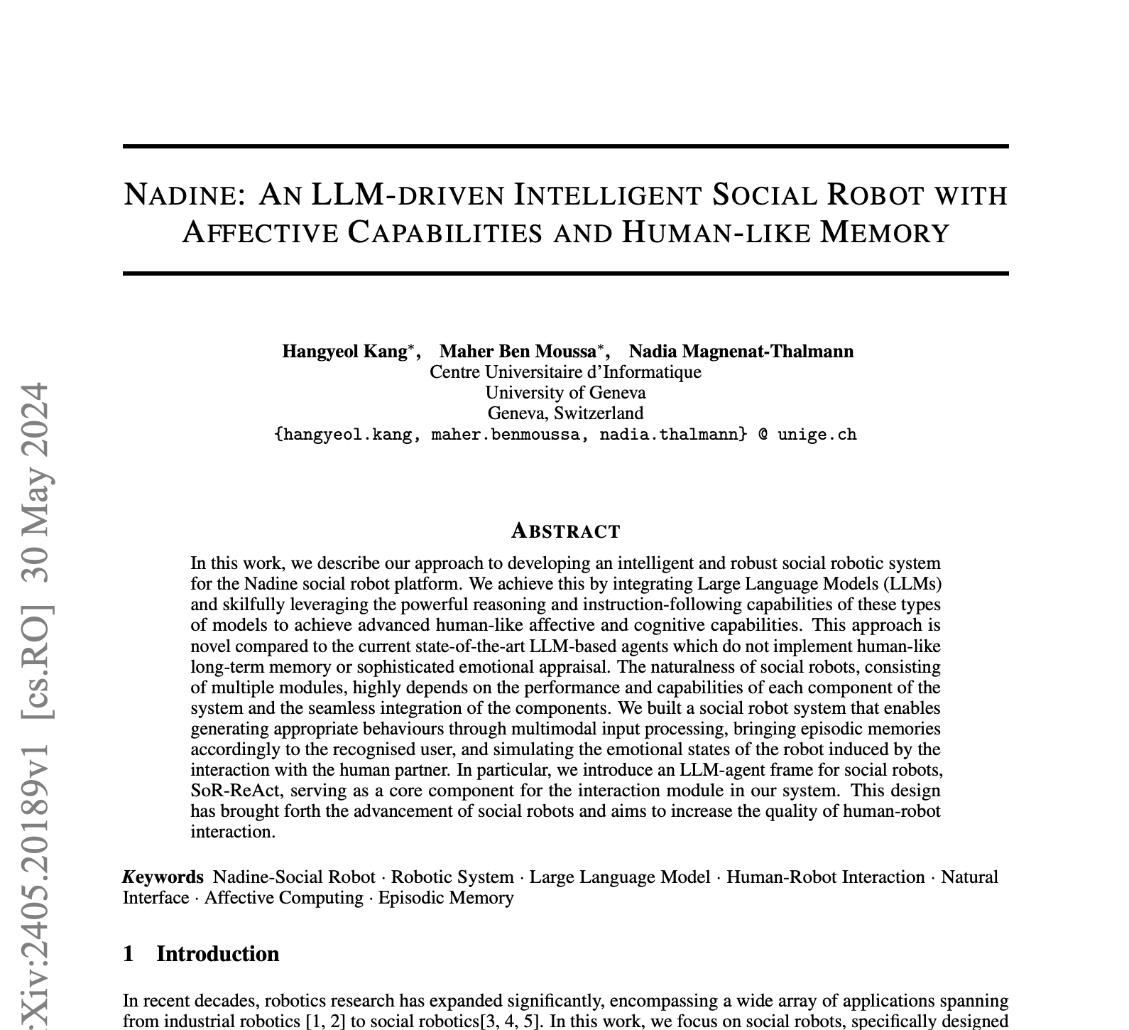 Nadine: an Llm-driven Intelligent Social Robot with Affective Capabilities and Human-like Memory