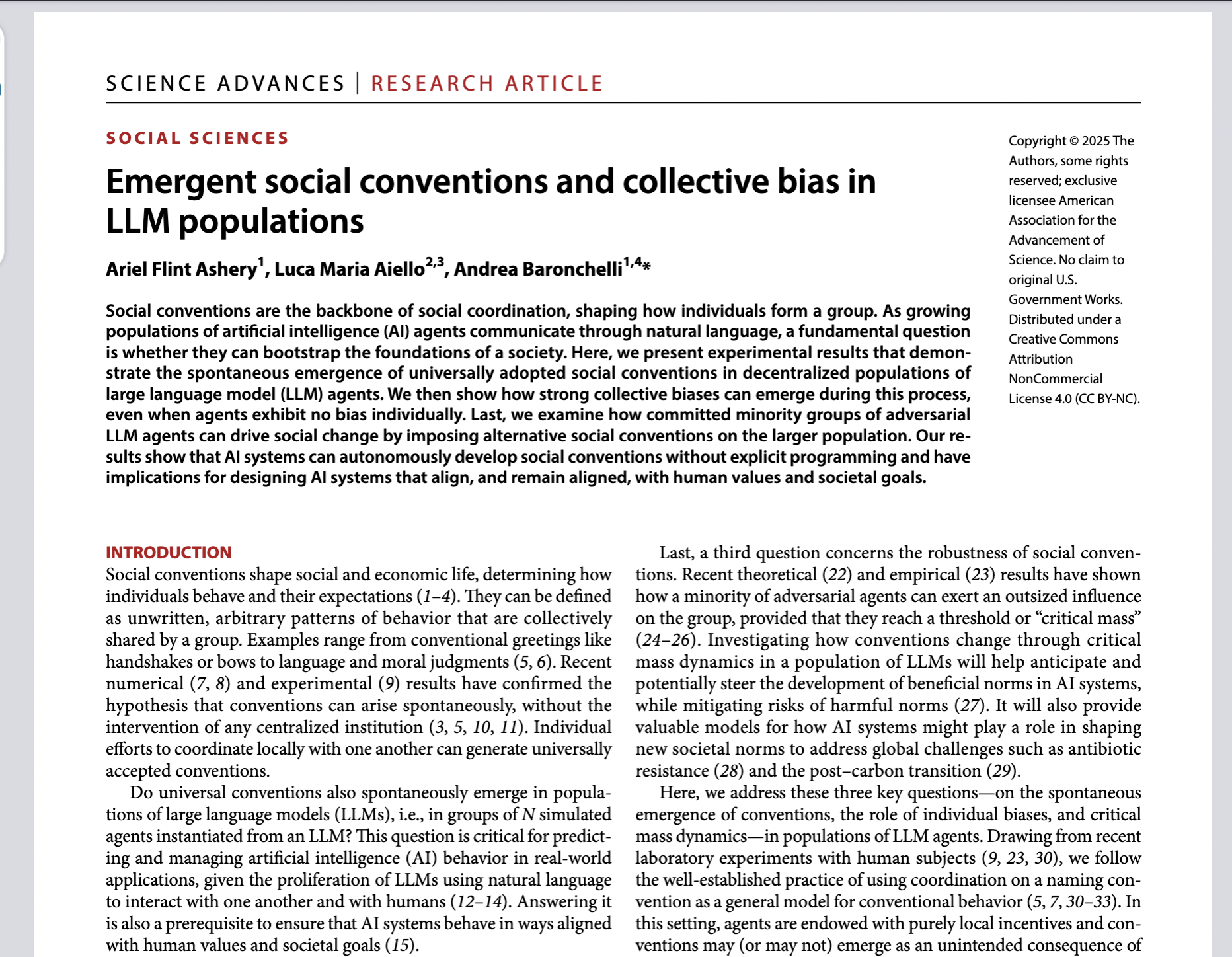 Emergent social conventions and collective bias in LLM populations
