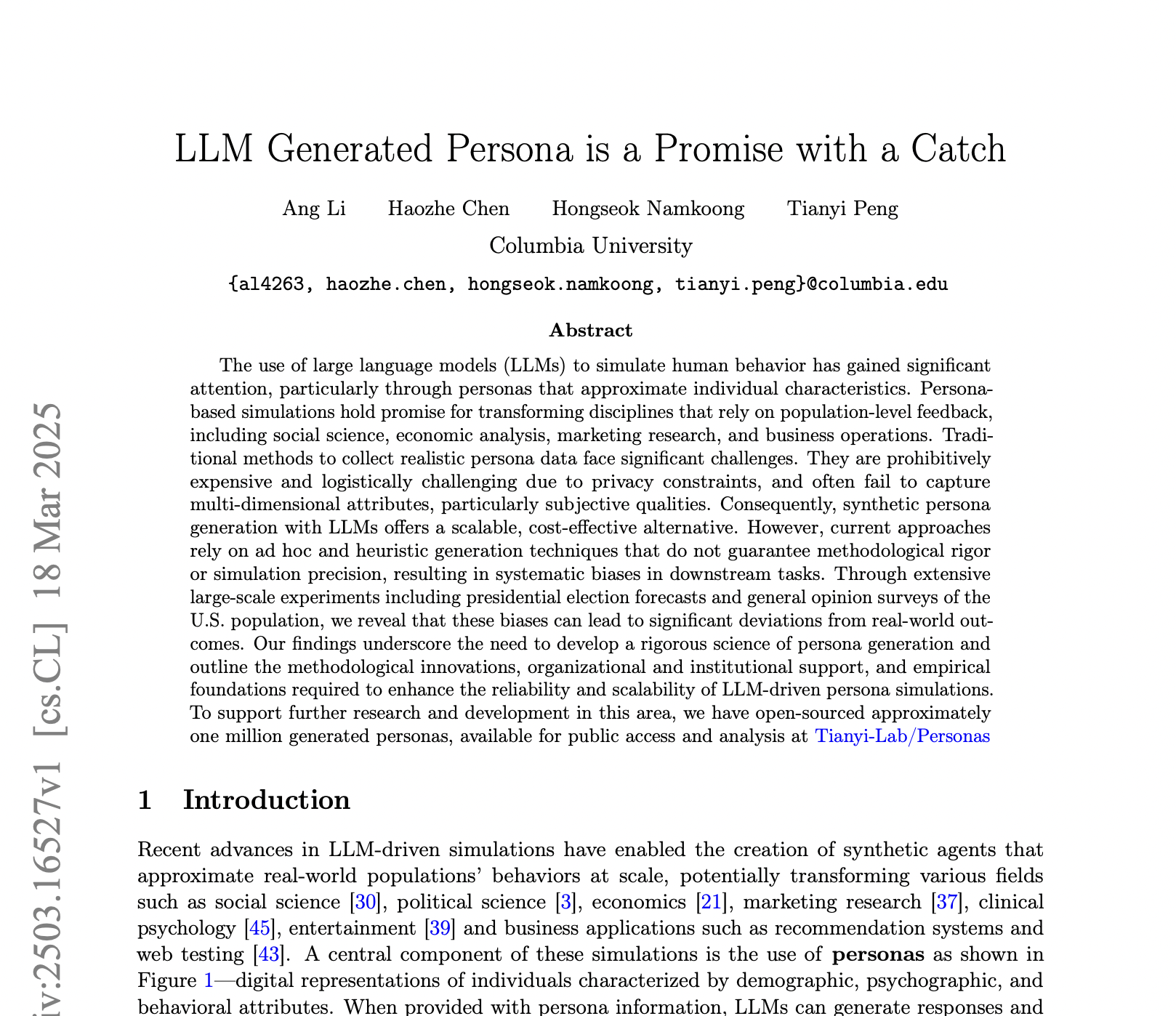 LLM Generated Persona is a Promise with a Catch