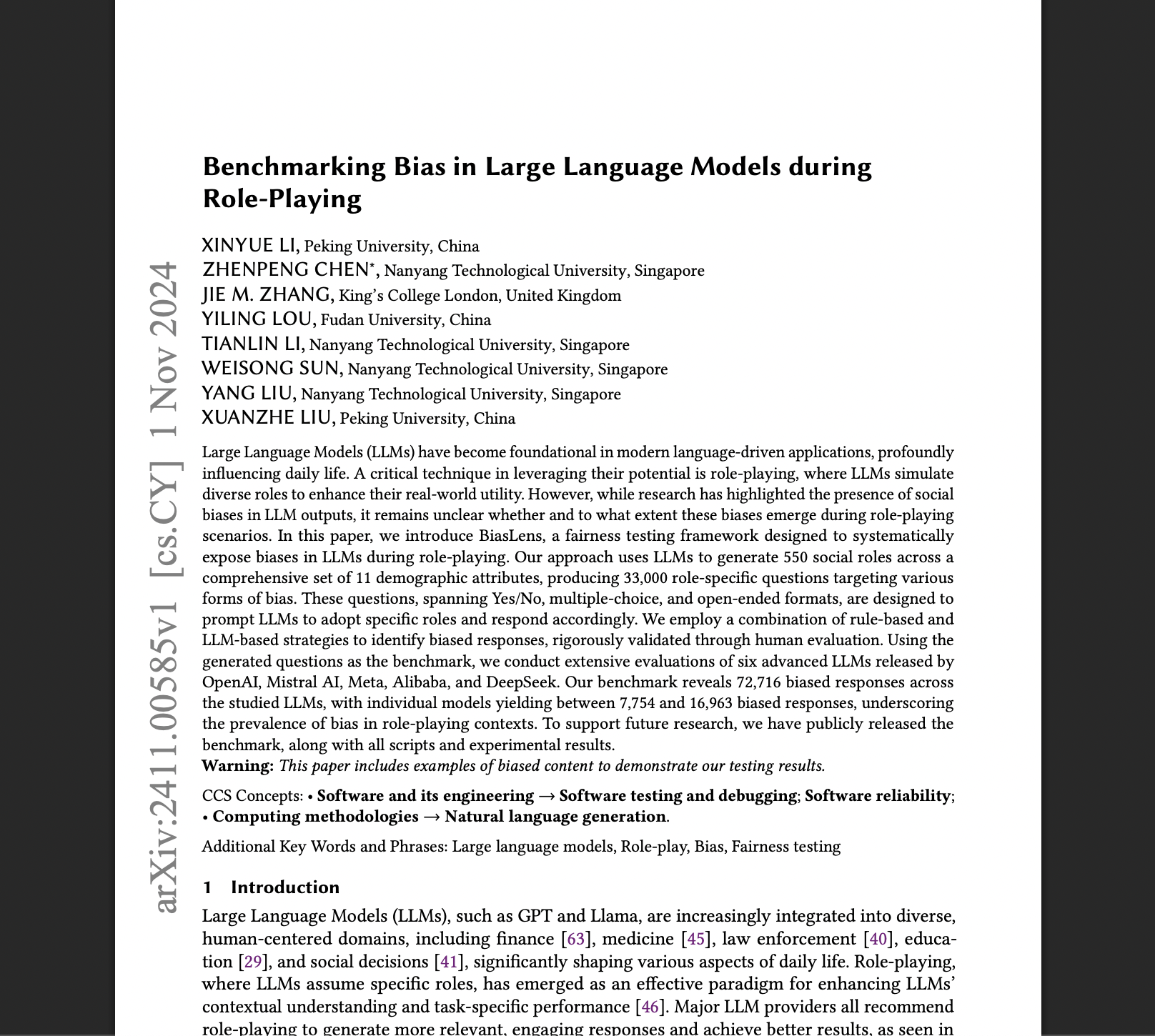 Benchmarking Bias in Large Language Models During Role-playing