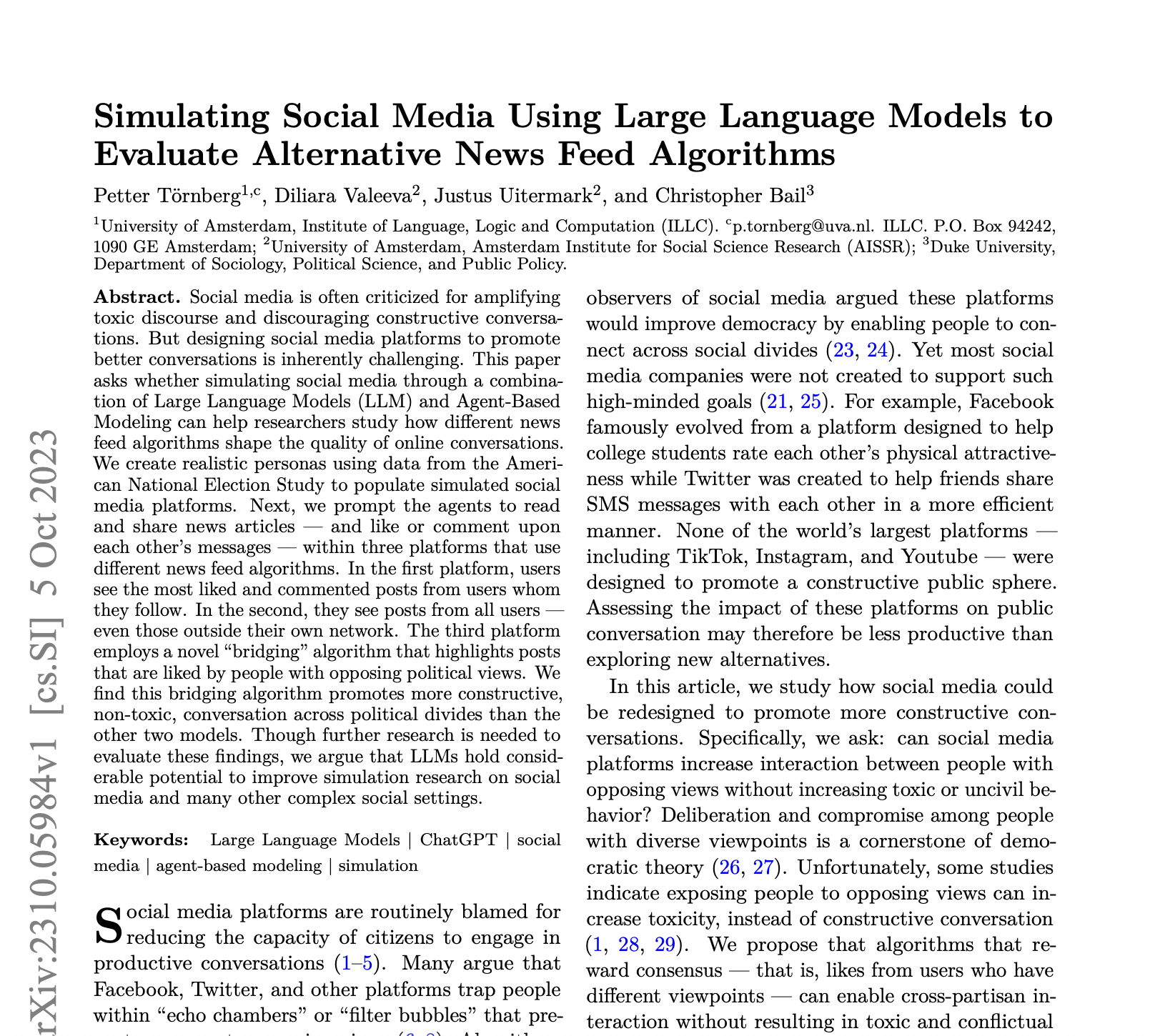 Simulating Social Media Using Large Language Models to Evaluate Alternative News Feed Algorithms