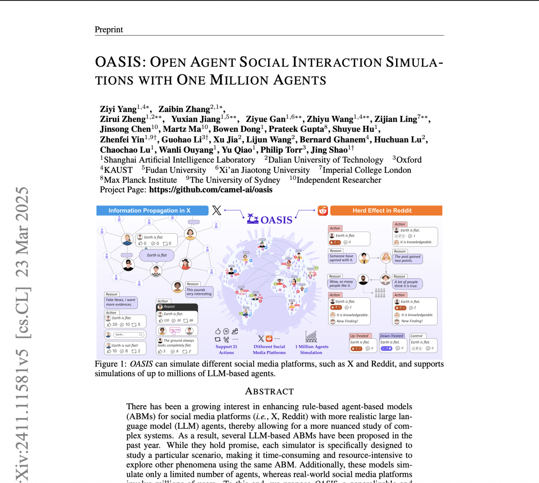Oasis: Open Agent Social Interaction Simulations With One Million Agents