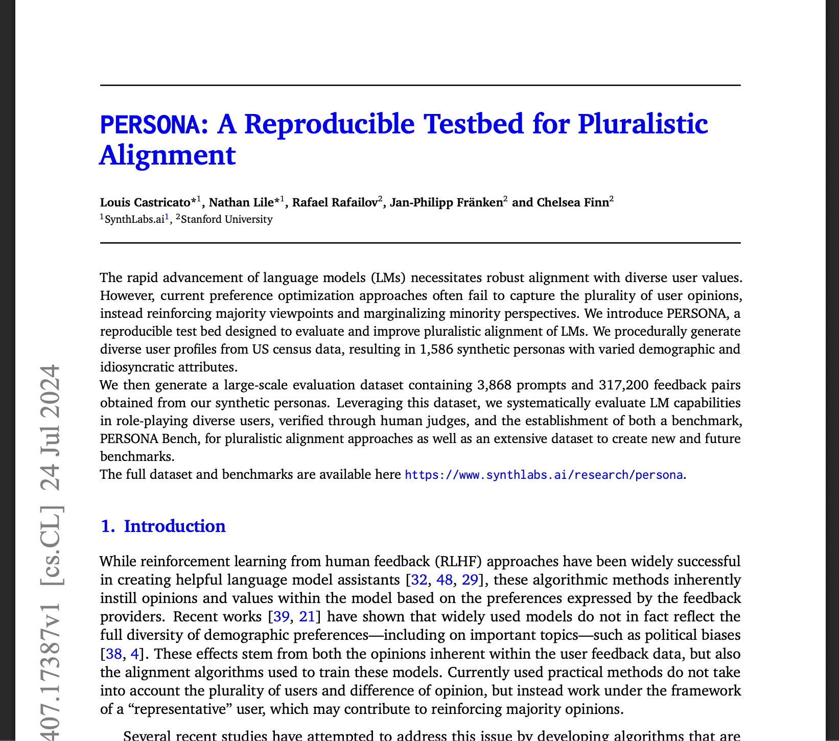PERSONA: A Reproducible Testbed for Pluralistic Alignment