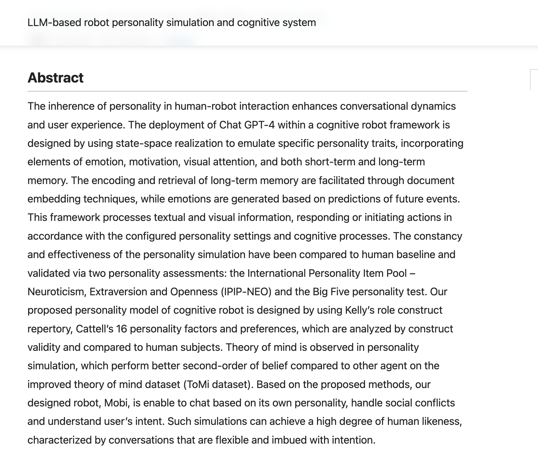 Llm-based Robot Personality Simulation and Cognitive System