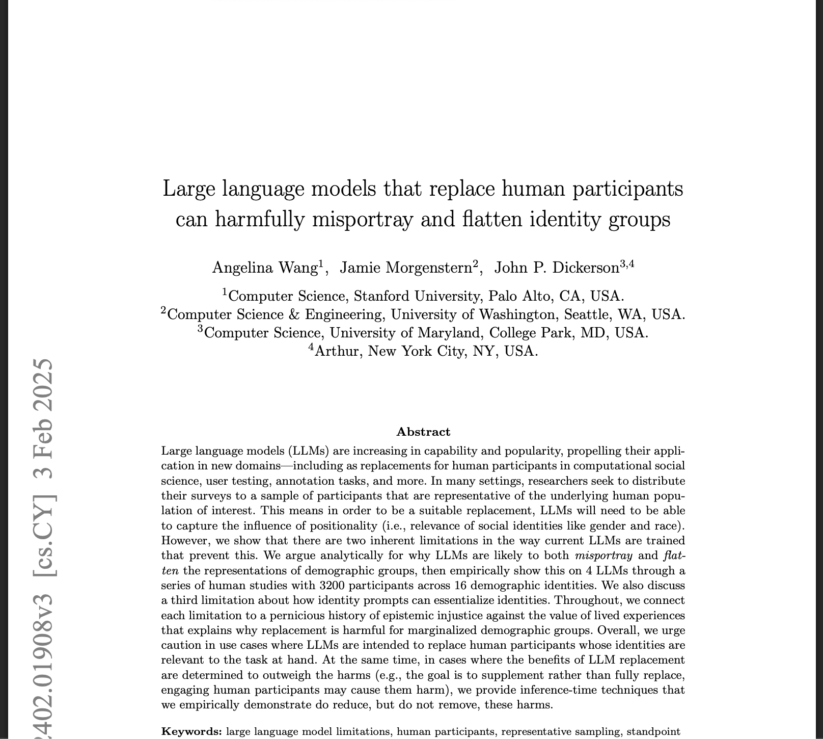 Large Language Models That Replace Human Participants Can Harmfully Misportray and Flatten Identity Groups