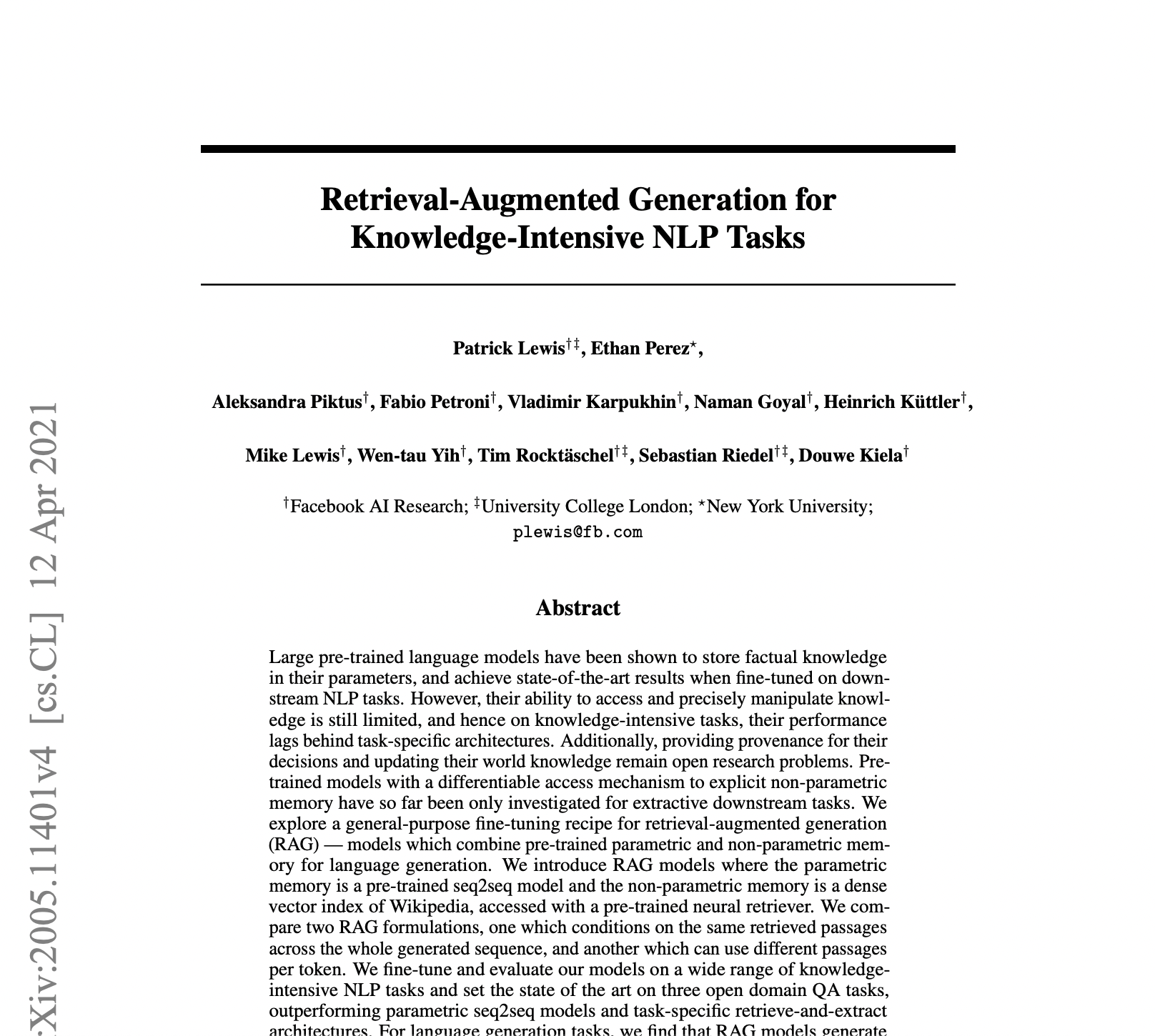 Retrieval-augmented Generation for Knowledge-intensive Nlp Tasks